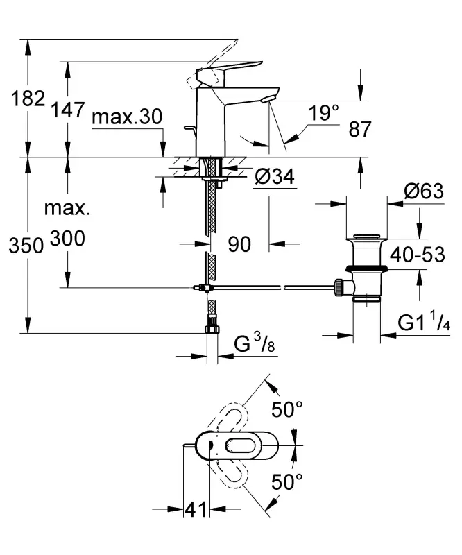 Mitigeur lavabo GROHE NOUVEAU BAULOOP, taille S avec vidage